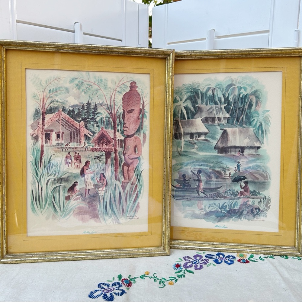 Vintage Framed Louis Macouillard Watercolor Litho Art Print New Zealand Fiji